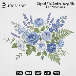 Diseño de bordado a máquina de rosa azul y lavanda, patrón floral costero, algo azul para bodas, archivo para manta de guardería, PES DST JEF VP3