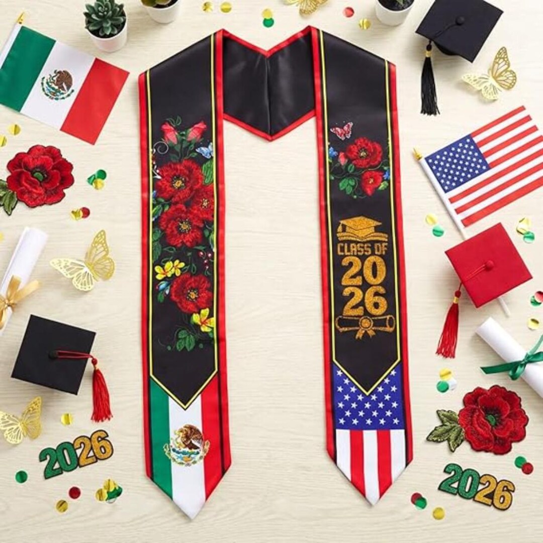 Mexican American Graduation Stole Class of 2026, Floral Embroidered USA ...