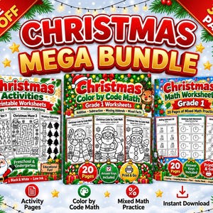 Può includere: Un pacchetto 3-in-1 Christmas Mega Bundle che include tre set di fogli di lavoro stampabili. La collezione contiene attività natalizie per la scuola materna, matematica con codice colore ed esercizi di matematica per la prima elementare.