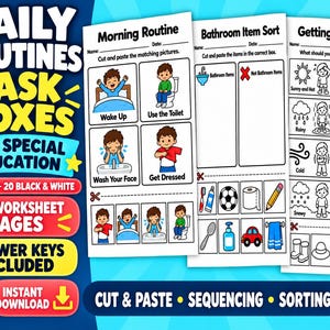 Könnte beinhalten: Bildungsarbeitsblätter mit dem Titel Daily Routines Task Boxes for Special Education. Die Seiten enthalten schwarz-weiße Strichzeichnungen für Ausschneide- und Einklebeaktivitäten, einschließlich Sequenzen für Morgenroutine und Sortieren.