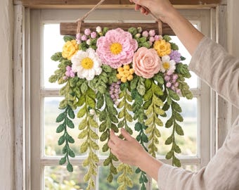 Crochet Flower Wall Hanging, Handmade Yarn Flower Decor, Boho Floral Wall Art, Knitted Hanging Flowers, Nature Home Decor