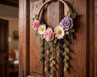 Crochet Flower Hoop Wreath, Handmade Yarn Floral Wall Decor, Knitted Flower Ring Hanging, Rustic Home Decor, Cozy Wall Art