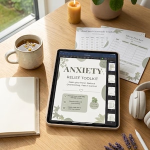 May include: A tablet displaying an Anxiety Relief Toolkit digital planner with sage green botanical accents, alongside a ceramic mug, a candle, a potted plant, a notebook, headphones, a stylus, lavender sprigs, and printed tracker sheets.
