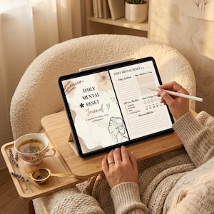 May include: A digital tablet displaying a Daily Mental Reset Journal template with beige abstract shapes, floral line art, and a profile illustration. The screen shows sections for gratitude, intentions, self-care, mood, and reflection notes.