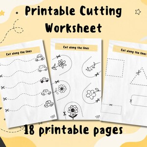 May include: A printable cutting worksheet set featuring 18 pages with black and white line art. Each page includes the text 'Cut along the lines' and various shapes, flowers, and cars with dashed lines for cutting practice with scissors.