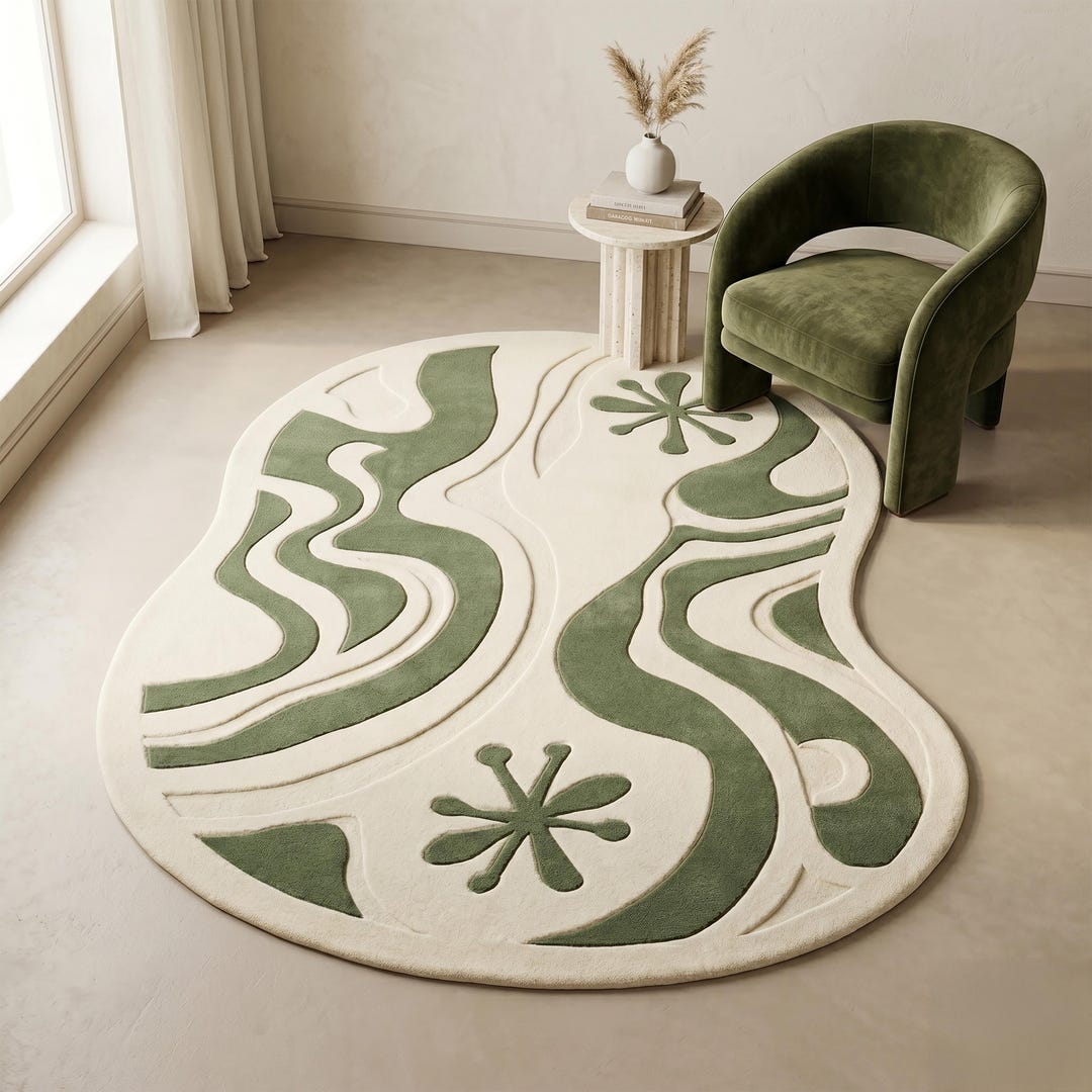 Hand Tufted Wool Rug, Olive Sage Green Wavy Abstract Organic Shape, 3D ...
