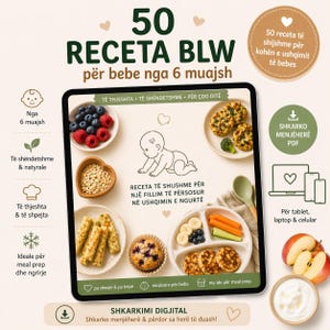 Peut inclure: Livre de recettes numérique pour bébés, avec 50 recettes BLW pour bébés de 6+ mois. L'image montre une tablette avec diverses options d'aliments pour bébés, notamment des fruits, des légumes et des muffins. Le texte comprend "sain & naturel" et "préparation des repas".