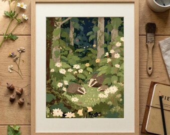 Cute Badger Family Poster, Nature Inspired Digital Print, Kids Room Wall Decor, Forest Animals Illustration, Slavic Lore Art, Download