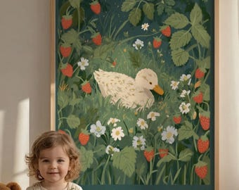Cute Duckling in Strawberry Patch Art, Cottagecore Nursery Decor, Summer Garden Wall Art, Digital Download, Whimsical Bird Illustration