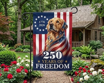 Bandera patriótica estadounidense con perro, Golden Retriever, bandera de 250 años, Independencia de EE. UU. 1776-2026, decoración para exteriores