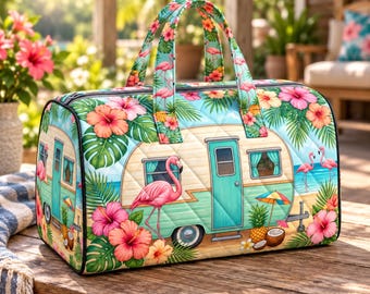 Torba podróżna Tropical Flamingo, torba podróżna Retro Camper, pikowana torba nocna, akcesoria na wakacje na plaży, prezent dla podróżników
