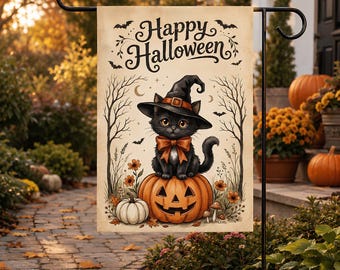 Bandera de jardín de gato de Halloween, bandera de jardín de calabaza con gato negro, decoración exterior de feliz Halloween, decoración de porche de otoño