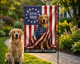 Bandera de jardín personalizada con retrato de mascota, 250 años de libertad, 1776-2026, bandera personalizable para el Día de los Caídos.
