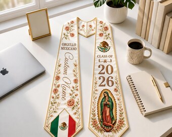 Spersonalizowana meksykańska szala na zakończenie roku szkolnego 2026, spersonalizowane imię, szarfa Virgen de Guadalupe, Orgullo Mexicano