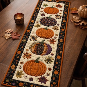 May include: A rectangular quilted table runner featuring a cream-coloured centre panel decorated with five appliqued pumpkins in various orange, purple, and floral patterns, surrounded by a black border with small orange pumpkin and leaf motifs.