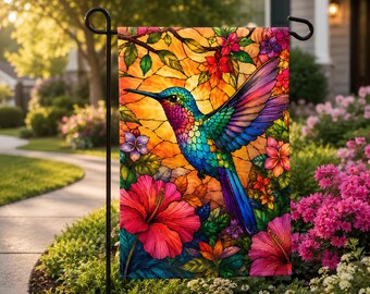 Bandera de jardín con colibrí de vitral, letrero floral colorido para el patio, pancarta para la casa, bandera estilo atrapasol para exteriores.