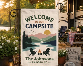 Bandera de jardín personalizada para camping, Bandera de bienvenida a nuestro camping, Decoración personalizada para acampar en familia