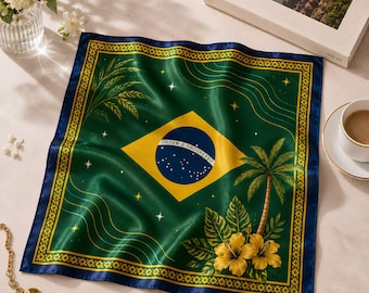 Satynowy szal z Brazylii, prezent z flagą Brazylii 2026, chusta z kolibrem, brazylijska chusta na głowę z bandaną, kultura Azteków Viva Brazil Wear