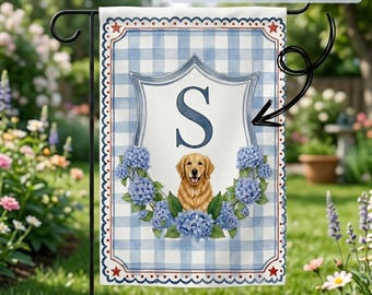 Bandera de jardín con retrato personalizado de mascota, decoración de porche con hortensias azules, pancarta para exteriores para amantes de las mascotas