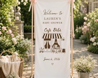 Baner na baby shower Cafe Bebe, niestandardowy francuski napis powitalny w kawiarni, neutralne tło na plażę z baby shower