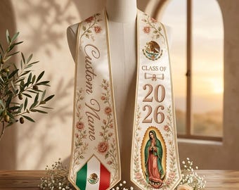 Spersonalizowany meksykański szal na ukończenie szkoły w 2026 roku, szarfa Virgen De Guadalupe dla absolwentów, spersonalizowany kwiatowy prezent dla absolwenta z Hiszpanii