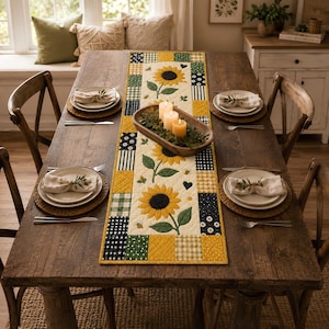 May include: A rectangular quilted table runner featuring a central cream panel with three sunflower illustrations, small bees, and dark hearts, bordered by a patchwork of yellow, green, and black gingham and floral fabric squares on a wooden table.