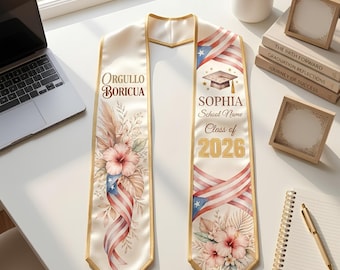 Spersonalizowany szal Orgullo Boricua na ukończenie szkoły w 2026 roku, spersonalizowany szarfa Boricua Pride z Coqui i Flor de Maga, kwiatowy prezent dla absolwenta z Hiszpanii