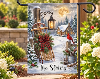 Bandera de jardín de invierno, bandera de jardín personalizada, bandera navideña con nombre familiar personalizado, decoración rústica de granja para el jardín en Navidad