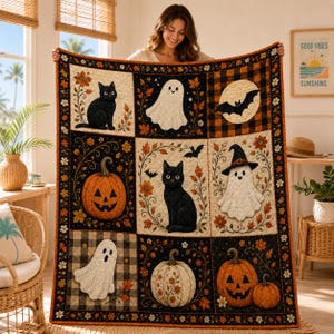 Couverture courtepointe chat noir d'Halloween, linge de lit sorcière fantôme, décoration automnale effrayante de ferme, couverture courtepointe patchwork cadeau 2026