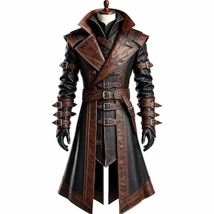 May include: A long coat featuring a combination of black and brown panels. The garment includes a high collar, multiple brown buckled straps across the front, waist, and sleeves, and long sleeves with matching buckled cuffs and black gloves.