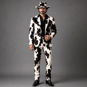 Op de afbeelding: Een pak bestaande uit een blazer en een broek met een zwart-wit koeienvlekkenpatroon. Het ensemble wordt gecombineerd met een effen zwart overhemd, een bijpassende cowboyhoed met koeienprint en zwarte leren laarzen met een puntige neus.