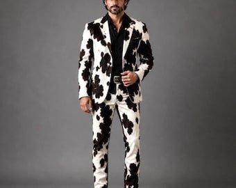 Men Cowhide Leather Suit Set Western Cowboy Blazer Pants Hat Rodeo Outfit