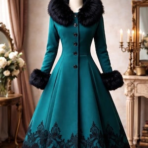 Emerald Green Vintage Winter Coat with Black Fur Collar – Gothic Lace Hem Swing Coat