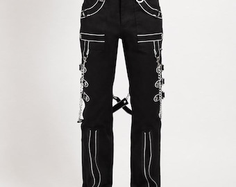 Goth Punk Cargo Pants Black Chains Straps Streetwear Techwear Unisex Trousers