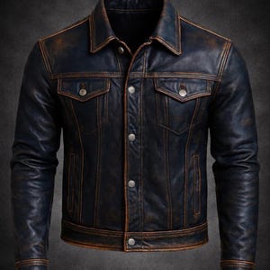 Distressed Leather Trucker Jacket – Navy Blue, Classic Fit Gift for Him