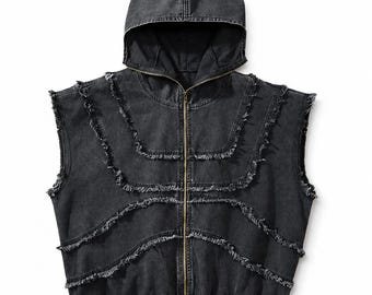 Men's Gothic Sleeveless Hooded Vest Black Distressed Denim Punk Zip Up Hoodie