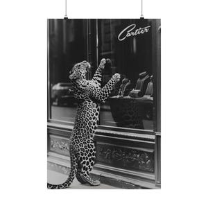 Leopard Window Display Matte Vertical Poster | Black & White Fashion Wall Art