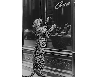Leopard Window Display Matte Vertical Poster | Black & White Fashion Wall Art