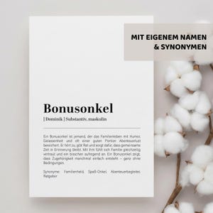 May include: A white card with the German word "Bonusonkel" in bold black text. The card also includes text in German, a definition, and synonyms. The background features cotton branches with fluffy white cotton bolls.