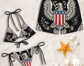 Patriotic Matching Couple Swimwear, Vintage Eagle Shield Print Bikini and Swim Trunks, Ideal Gift for Anniversary & Vacation