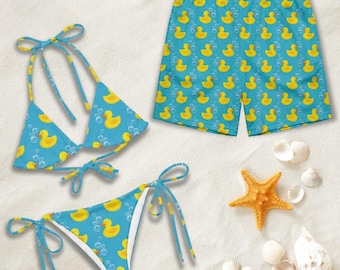 Couple Matching Swimwear Set, Rubber Duck Print Bikini and Shorts, Summer Beach Vacation Outfit
