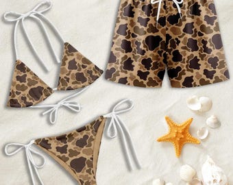 Traje de baño a juego para parejas, bikini y bermudas con estampado de camuflaje de pato, ropa de playa de verano con estampado de camuflaje para caza al aire libre, regalo para novio o novia.