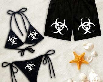 Couple Matching Biohazard Swimwear Set, Black Gothic Apocalypse Bikini and Board Shorts, Y2K Edgy Style, Cool Anniversary Gift