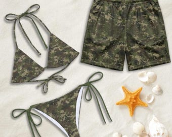 Conjunto de baño para él y para ella, bikini de camuflaje militar y bañador para hombre, conjunto playero para él y para ella, regalo para parejas.