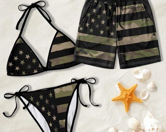 Ensemble de maillots de bain pour couple assortis camouflage, 4 juillet, drapeau des États-Unis, étoiles, rayures, bikini camouflage et short en résille, cadeau pour les couples
