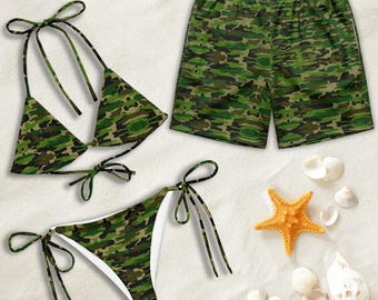 Swimwear, Green Camouflage Print Bikini and Board Shorts Set, Military Style Outdoor Beachwear, Gift for Boyfriend GirlfriendGift for Couple