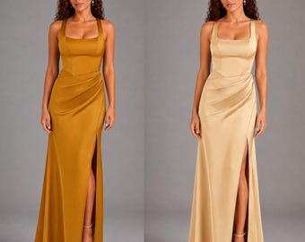 Vestido de dama de honor de satén elástico / Vestido formal con escote cuadrado / Vestido de fiesta estilo sirena con espalda abierta / Vestido largo de noche plisado