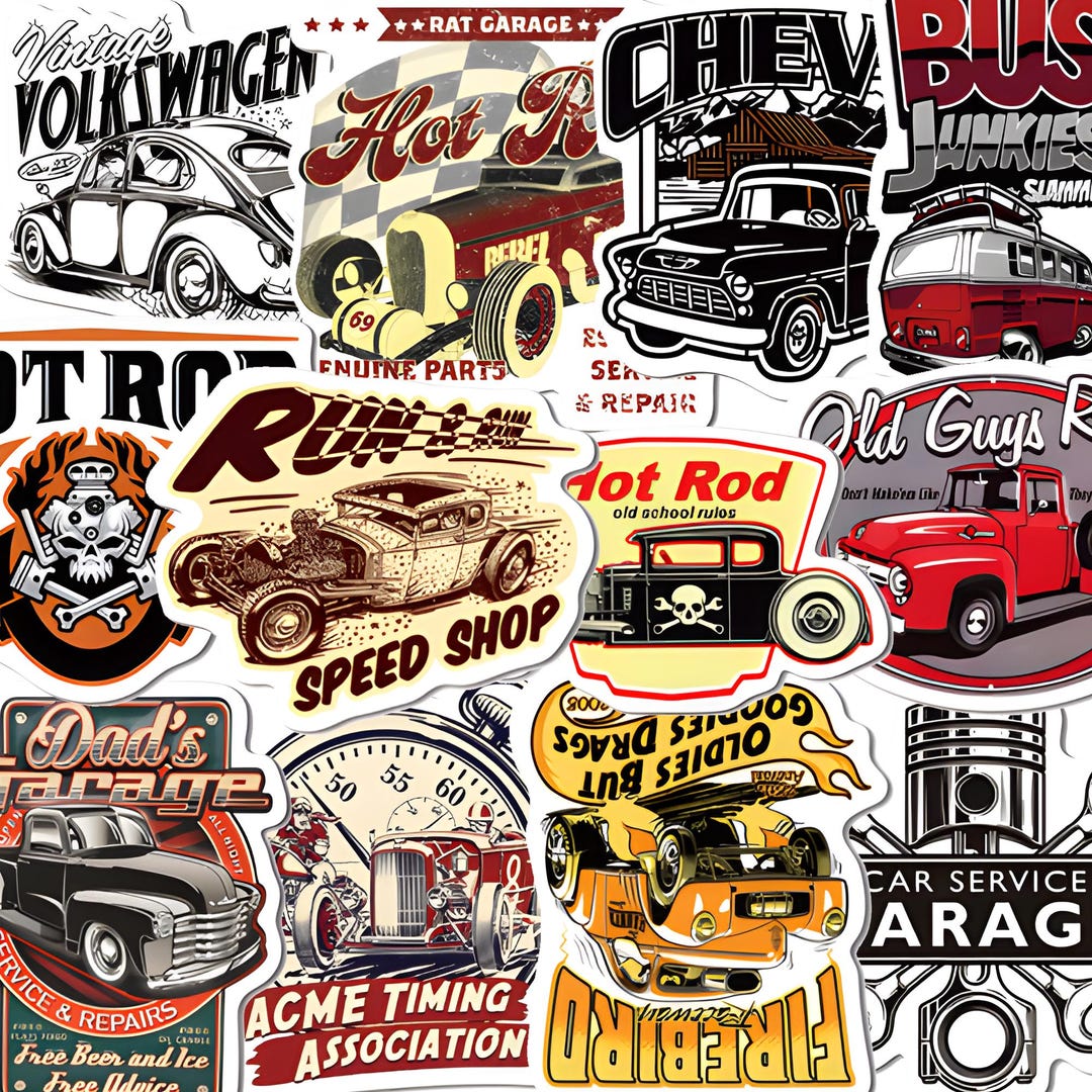 50 Vintage Hot Rod Stickers, Custom Classic Car Doodle Decals, Retro ...