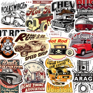 ヴィンテージホットロッドステッカー50枚、カスタムクラシックカー落書きデカール、ガレージ、ツールボックス、ノートパソコン、メカニックギフト用のレトロな防水ビニールステッカー