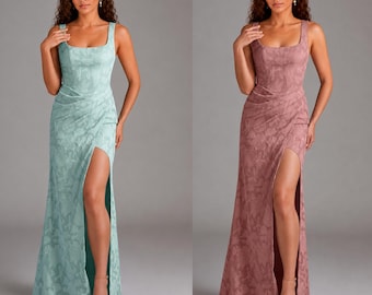 Square Neck Floral Burnout Bridesmaid Dress / Floor Length Sheath Gown with Slit / Sleeveless Keyhole Formal Evening Dress